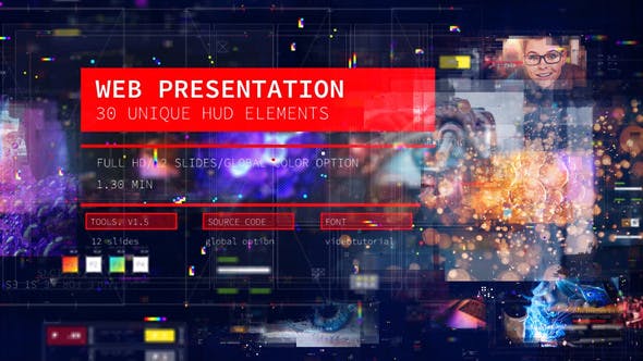 Web Presentation/ HUD Modern Slideshow/ 3D Sci-Fi Glitch Intro/ Digital Parallax/ Hightech Interface